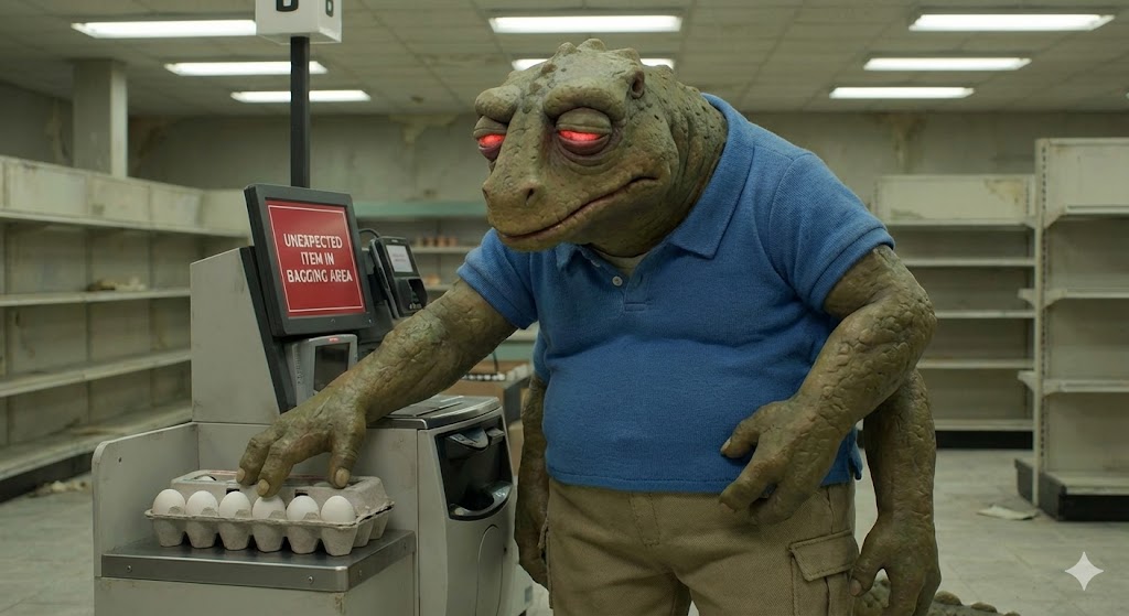 Kilgore, a weary reptilian titan waiting in a bureaucratic office queue