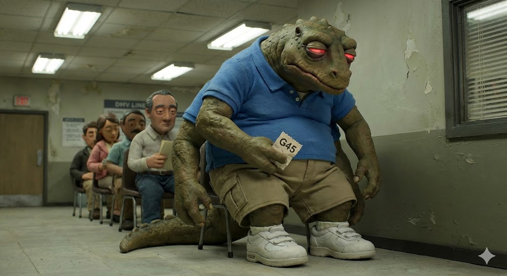 Kilgore at self-checkout scanning eggs in an empty fluorescent store